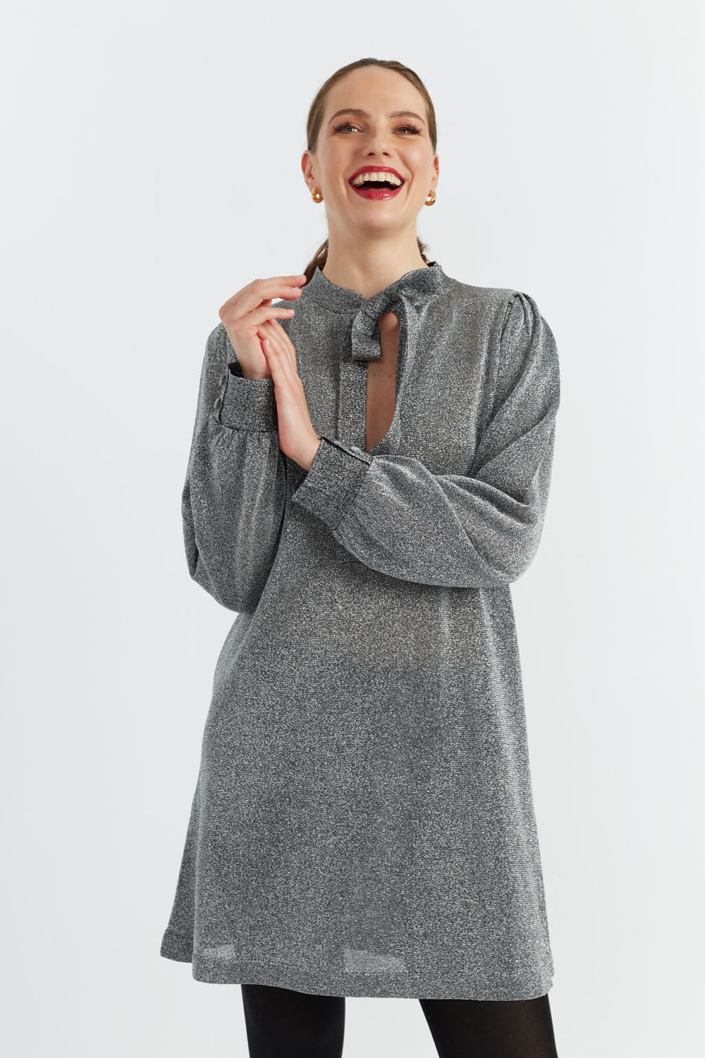 Silver Lurex Pussy-Bow Dress