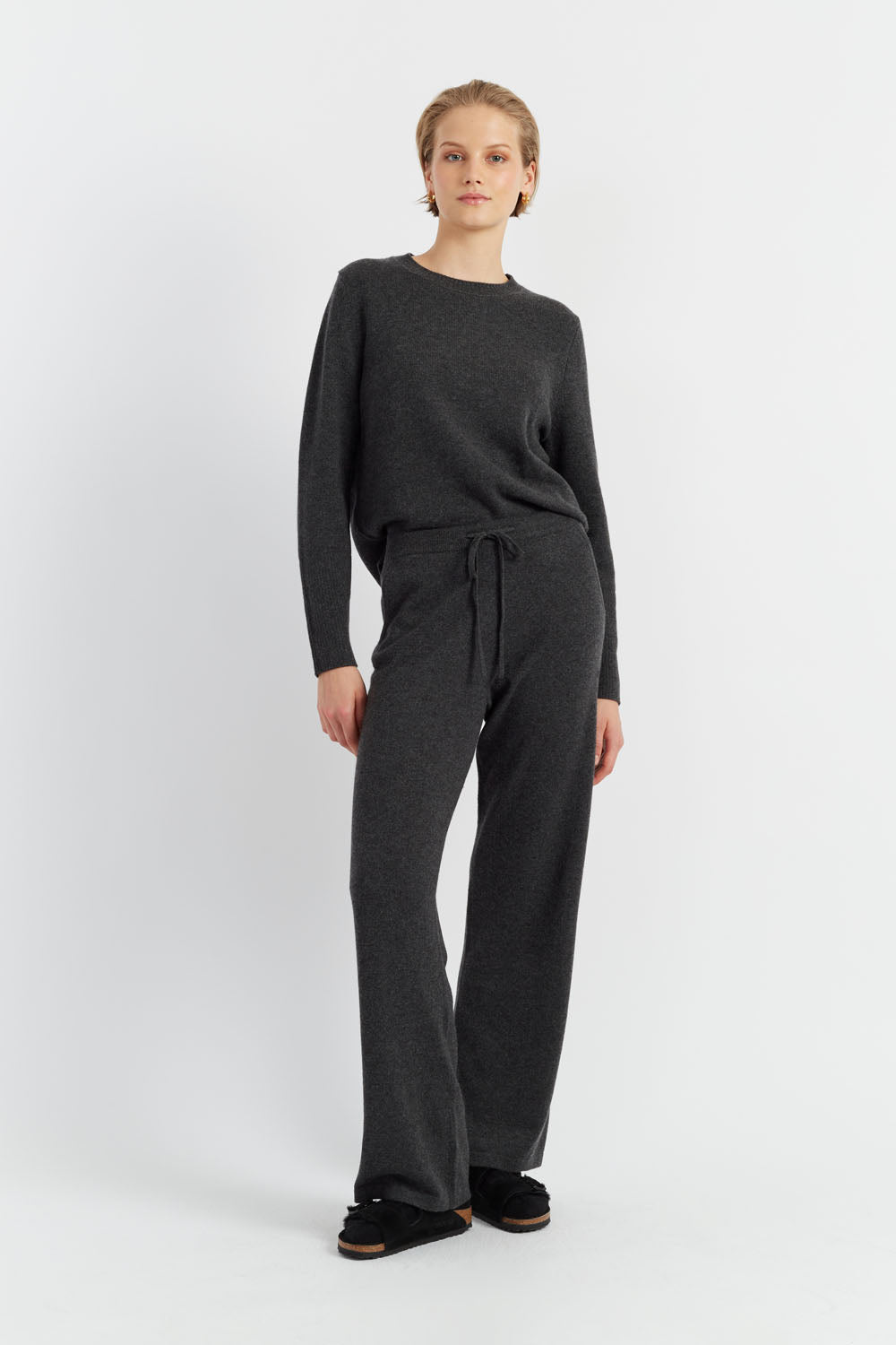 Charcoal Pure Cashmere Wide-Leg Track Pants