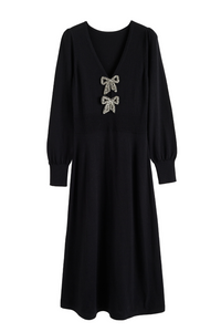 Black Merino Bow Brooch Dress